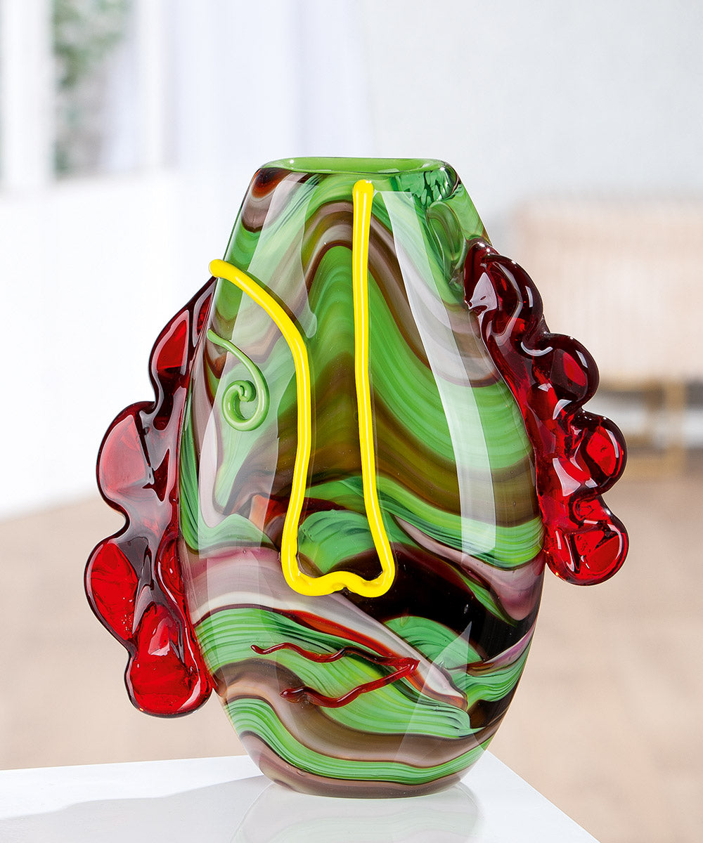 Gilde Face Vase Glassart Conturo in green and red, 30cm tall, featuring a unique face design and vibrant glass artwork.