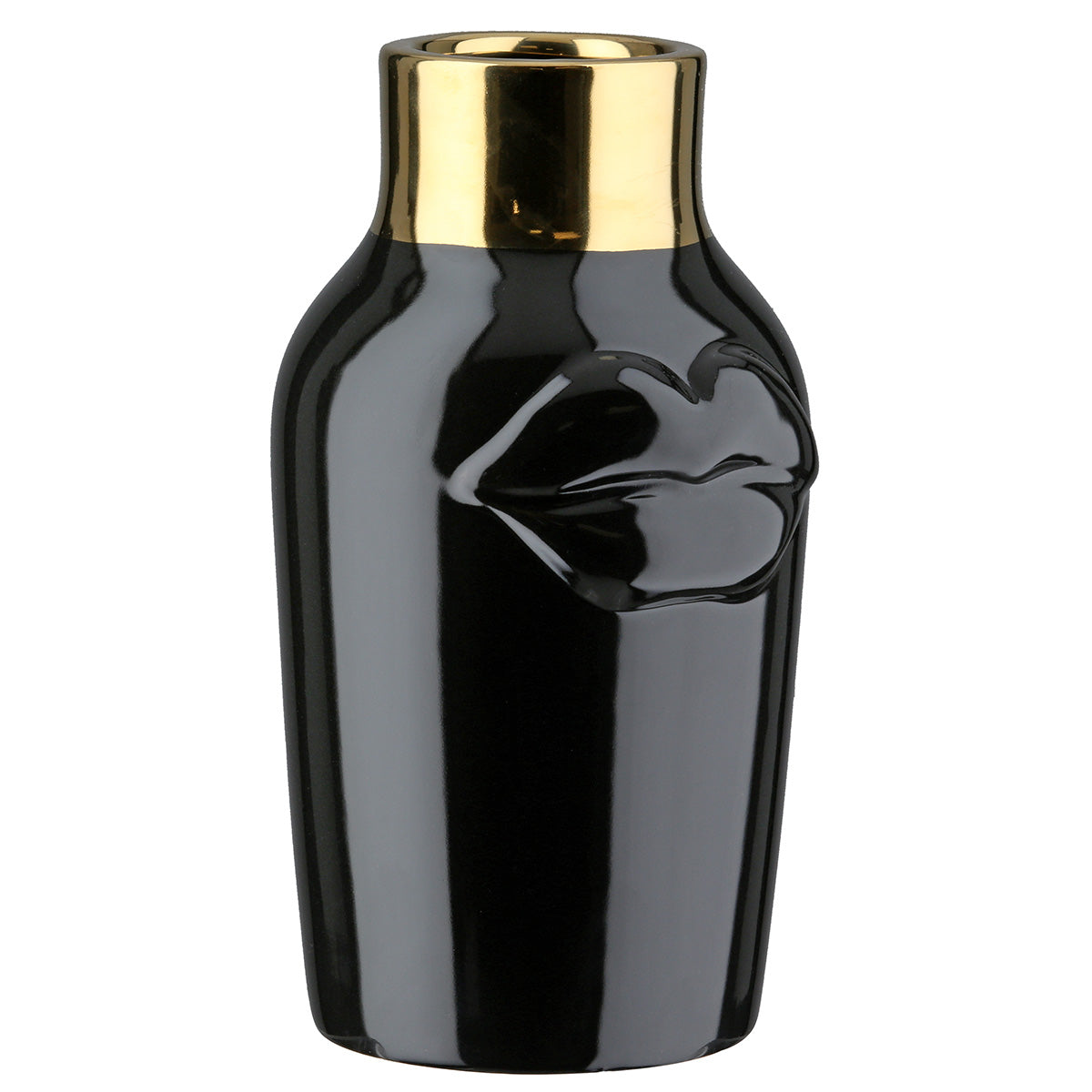 Black Gilde ceramic vase with mouth motif, 20.5cm tall, featuring intricate design and glossy finish.
