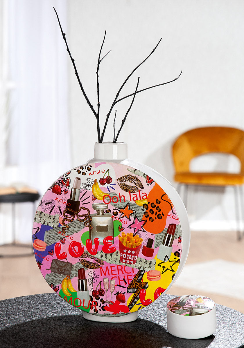 Gilde Lidded Vase Ooh Lala Popart ceramics with colorful, bold design and a lid, decorative for home or display.