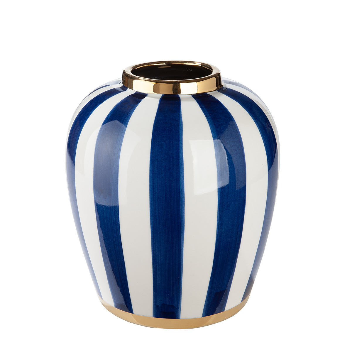 Blue and white Gilde Bulbous Elio striped ceramic vase with a rounded shape and decorative pattern.