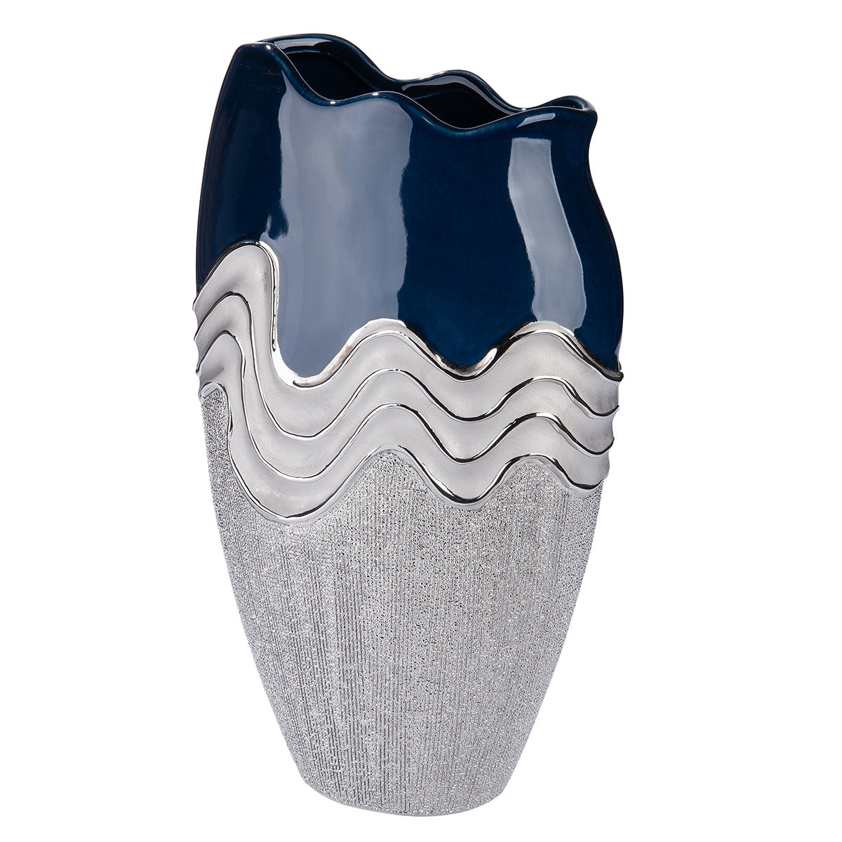 Gilde conical wavy ceramic vase in silver and dark blue with a modern, artistic design and smooth, flowing curves.