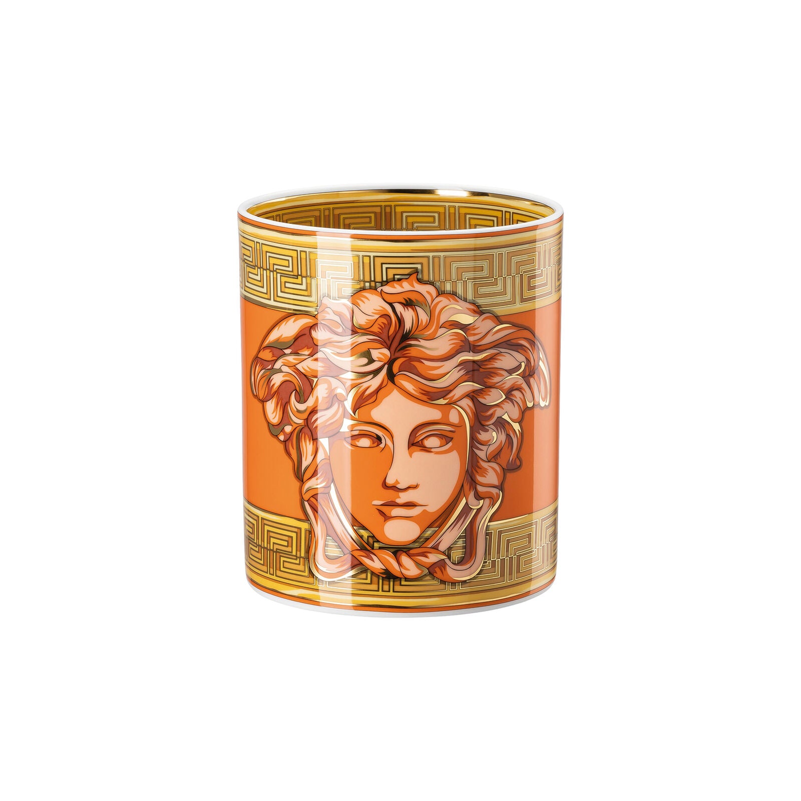 Versace Medusa Amplified orange ceramic vase with coin design, 18cm tall, decorative home accent.