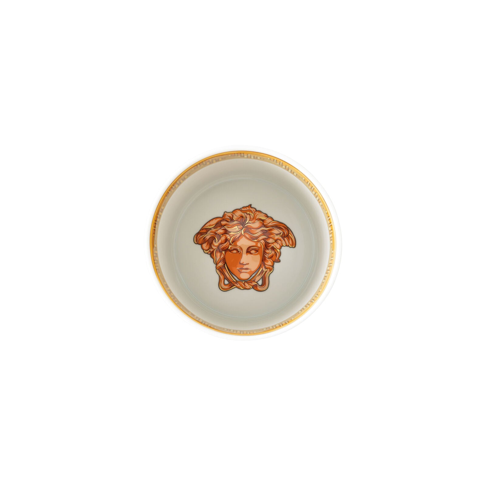 Versace Medusa Amplified Orange Coin vase, 18cm tall, with bold orange design and decorative Medusa motif.