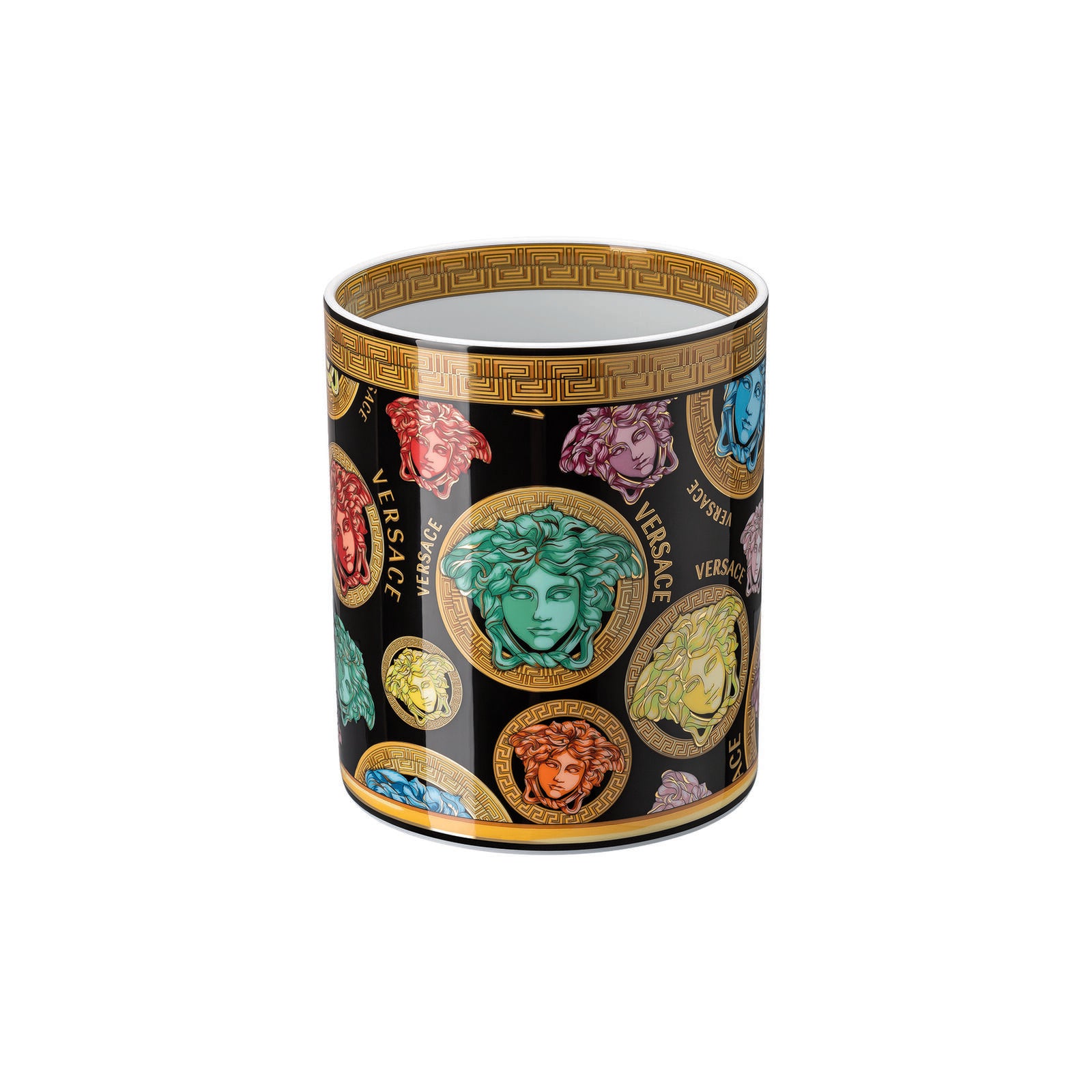 Versace Medusa Amplified vase, 18cm tall, featuring intricate Medusa design in vibrant colors on a glossy surface.