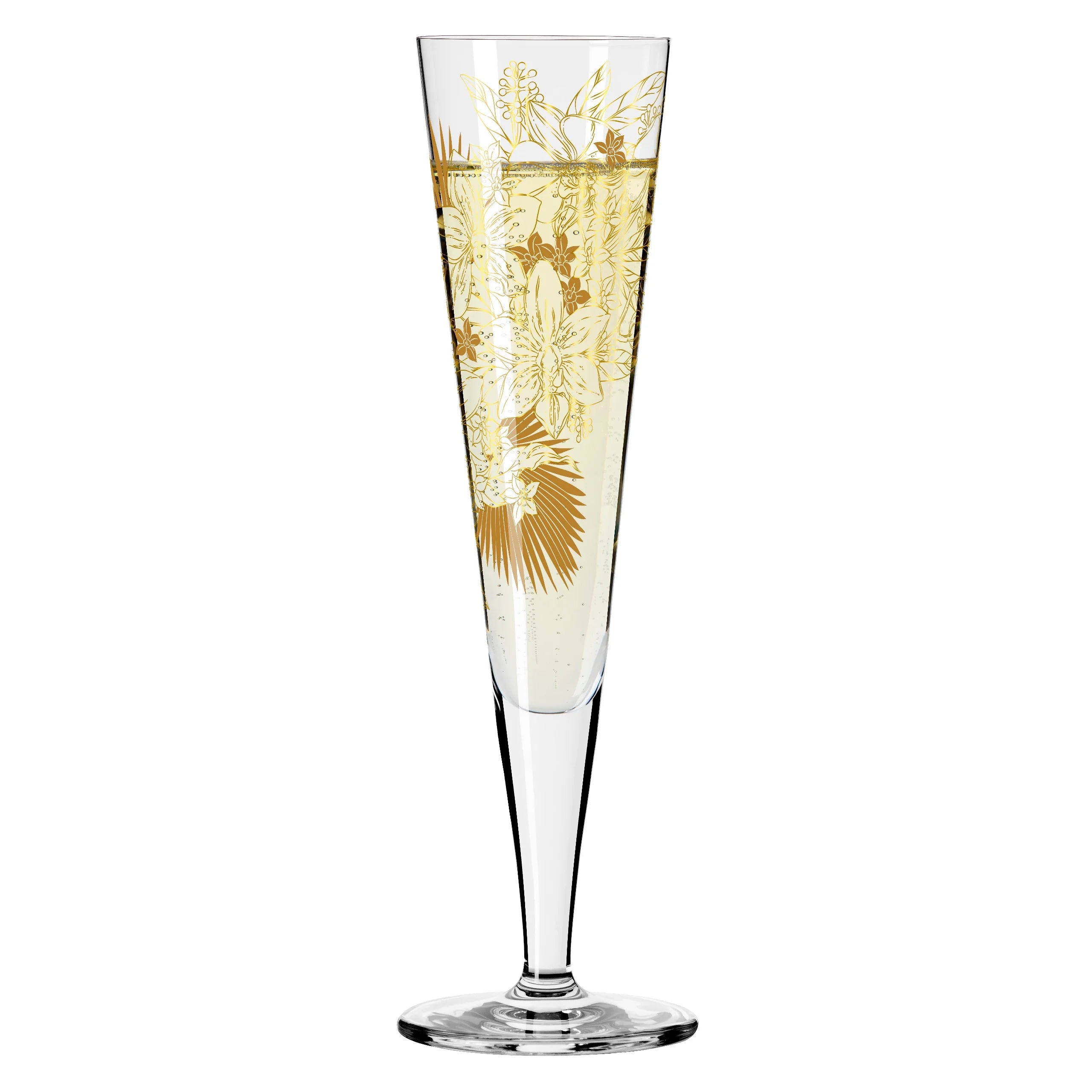 Ritzenhoff Champagne Champus Goldnacht #32 M. Enterrios glass with gold and black decorative design, elegant and festive appearance.