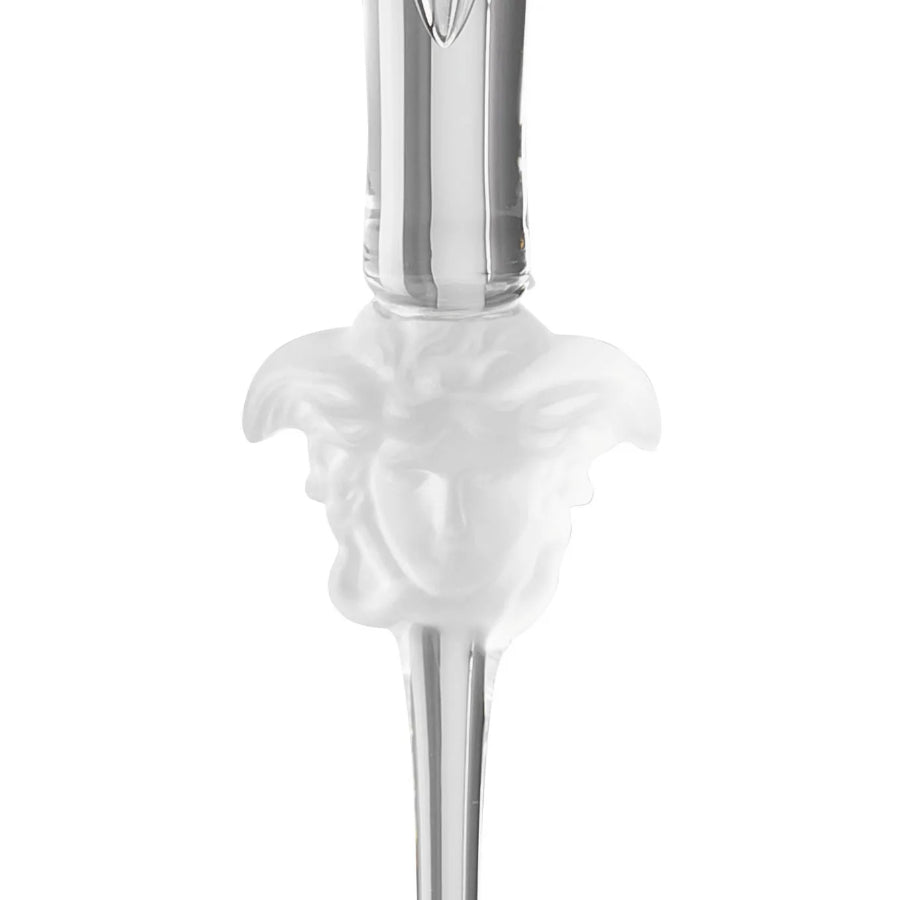 Elegant Versace Medusa Lumiere champagne flute with intricate gold design and clear glass, perfect for luxury celebrations.