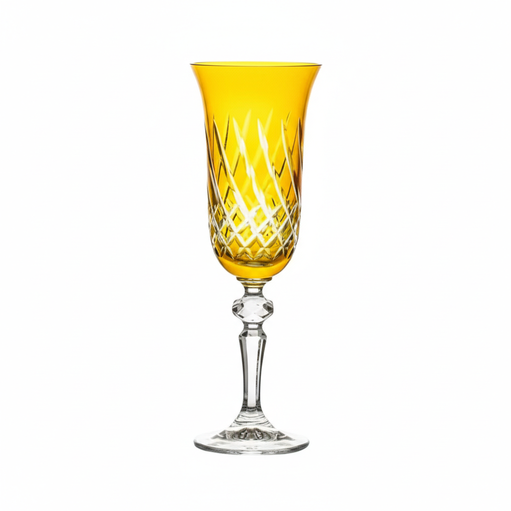 Yellow amber Kolglass Julia champagne flute with a 150ml capacity, elegant design for sparkling drinks.
