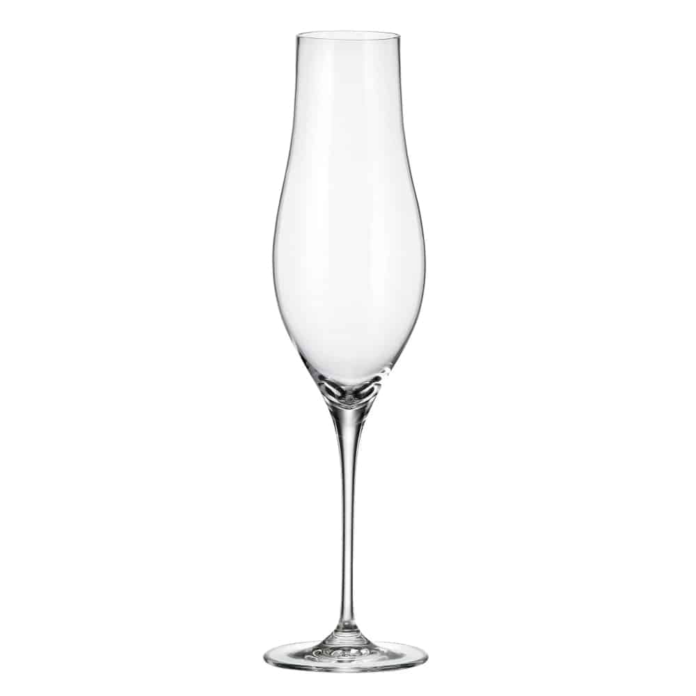 Set of six Bohemia Crystal Champagne Limosa glasses, 300ml each, featuring elegant design and clear crystal craftsmanship.