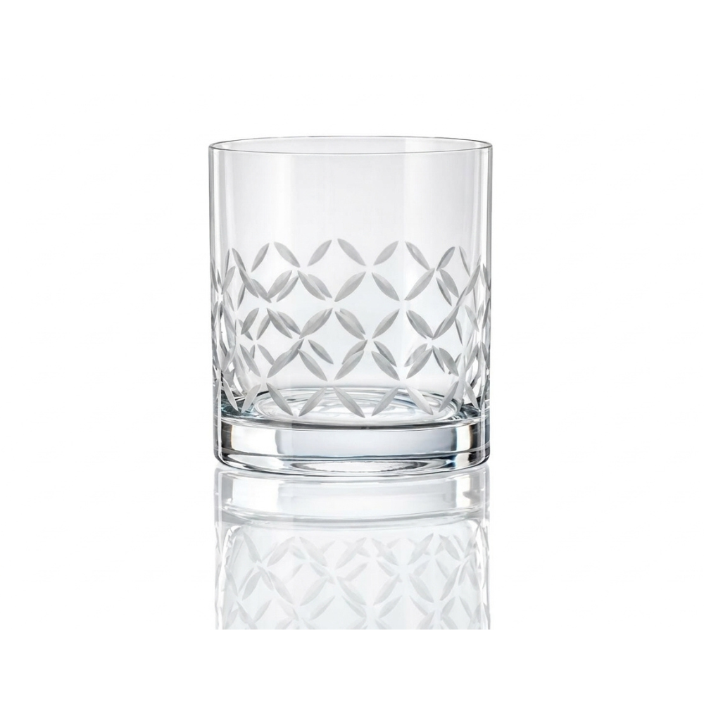 Set of four Bohemia Crystal whisky tumblers with matte square pattern, 280ml capacity, elegant glassware for spirits.