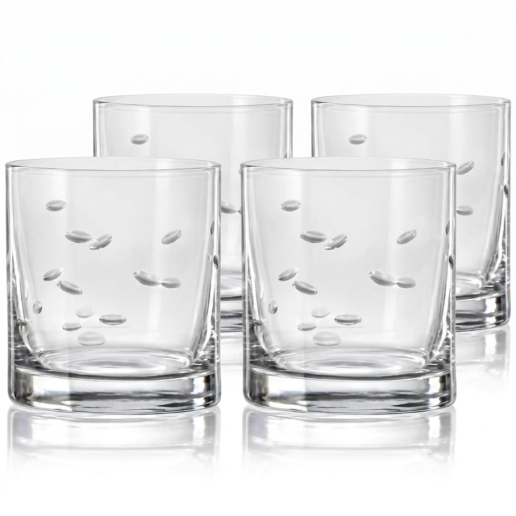Set of four Bohemia Crystal Whisky Tumblers with drop polished finish, 280 ml capacity, elegant and clear glassware.