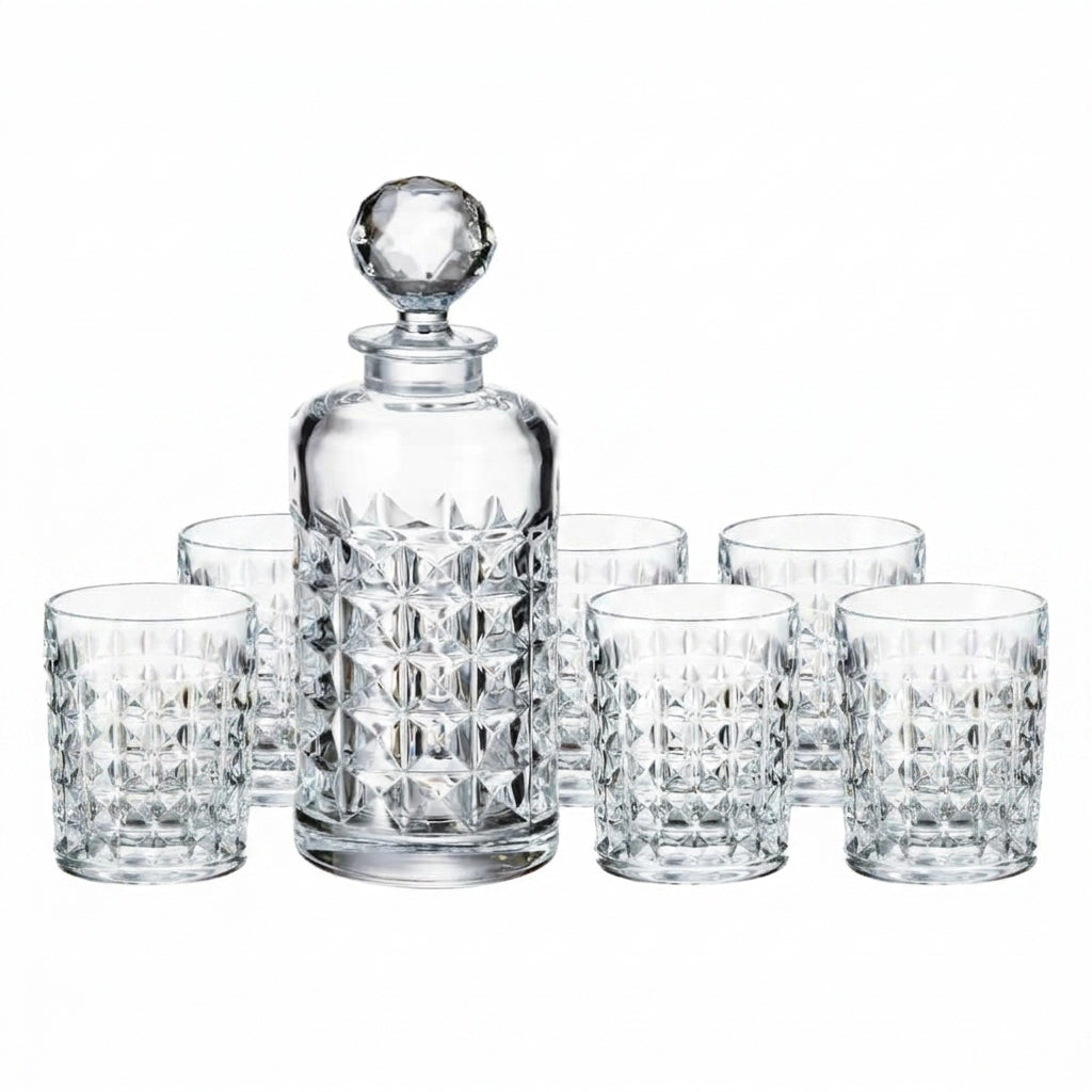 Bohemia Crystal decanter and 7-piece diamond-shaped whiskey glass set on a wooden surface