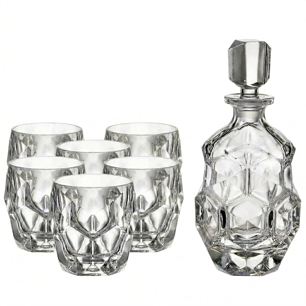 Bohemia Crystal decanter and 7-piece whiskey set with clear glass, including tumblers and a decorative lunar design.