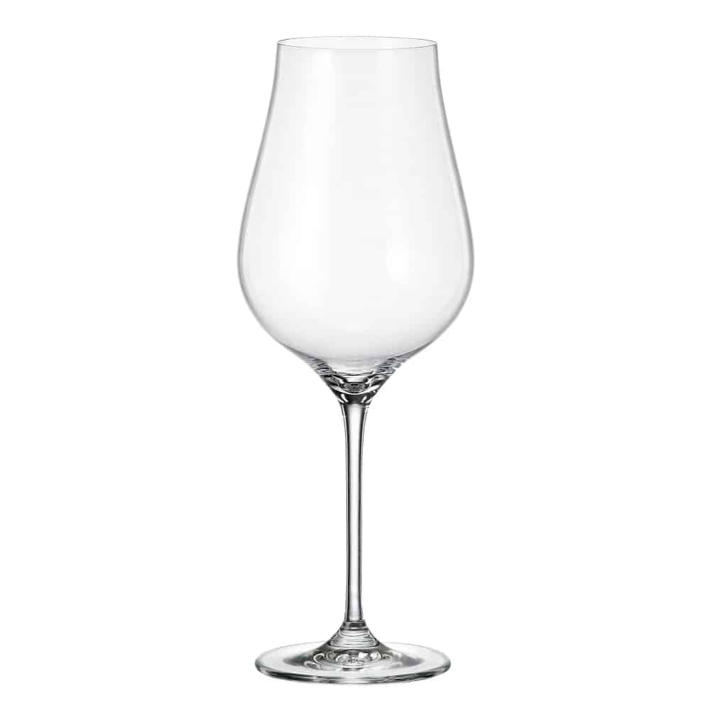 Set of six Bohemia Crystal Limosa Red Wine glasses with intricate designs, each holding 650ml of wine.