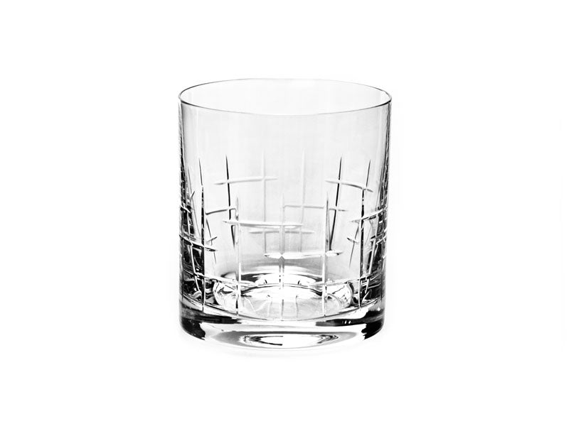 Set of four Bohemia Crystal Whisky Tumblers with criss-cross pattern, polished finish, 280 ml capacity each.