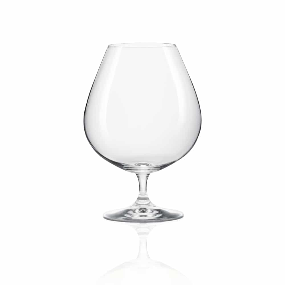 Pair of Bohemia Crystal Grandioso Brandy glasses, 875ml set, elegant, clear crystal with intricate cut designs for premium serving.
