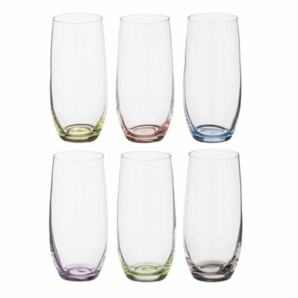 Set of six Bohemia Crystal Rainbow Club tumblers, 350ml each, with colorful rainbow design and clear glass finish.