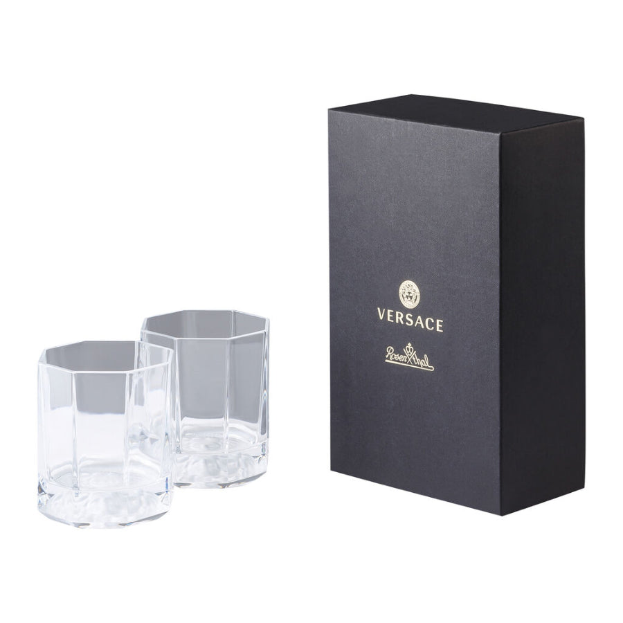 Pair of Versace Medusa Lumiere crystal tumblers, 9cm tall, featuring intricate designs and the iconic Medusa motif.