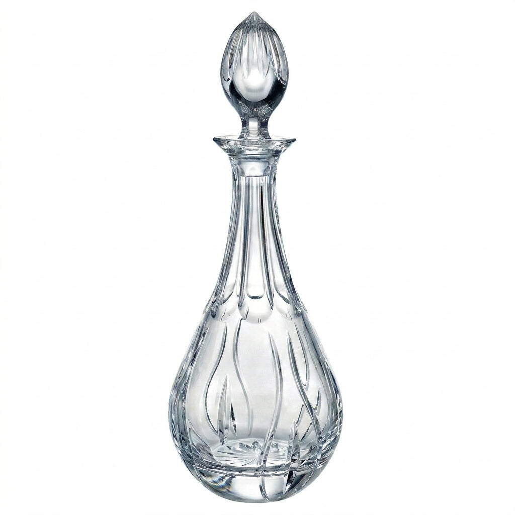 Elegant Bohemia Crystal Fiona Flame wine decanter with a curved, decorative design and a glass stopper for serving wine.
