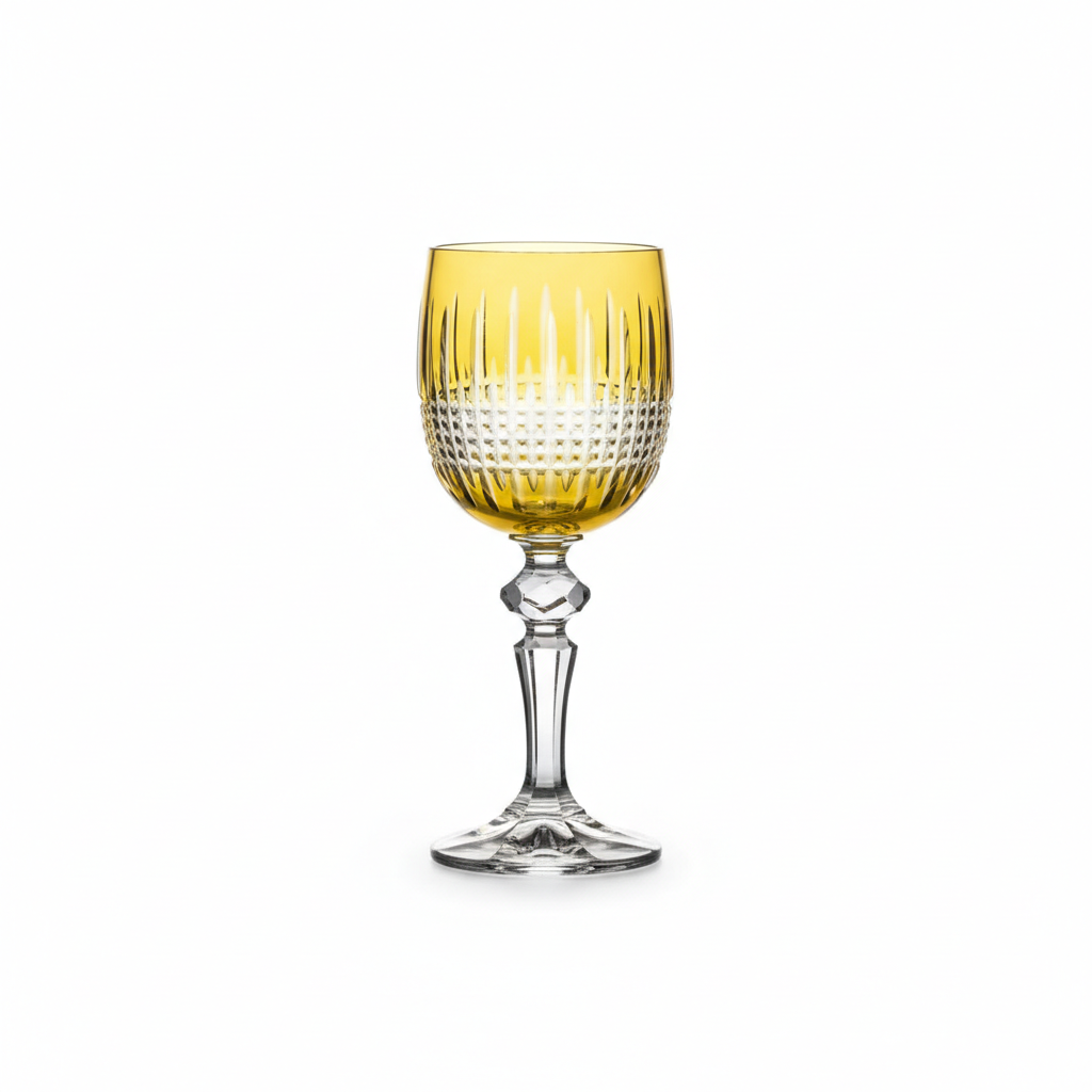 Yellow amber Kolglass Julia wine glass with a 170ml capacity, featuring elegant design and clear glass for wine presentation.