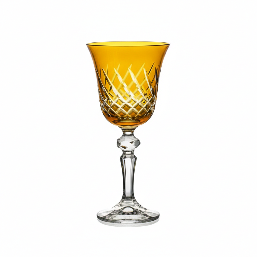 Kolglass Julia wine glass with yellow amber tint, 170ml capacity, showcasing elegant stem and polished glass surface.