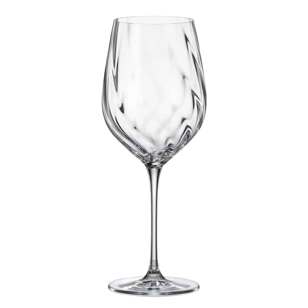 Set of six Bohemia Crystal White Wine Uria Optic glasses, 480ml each, elegant clear glass with intricate etched design.