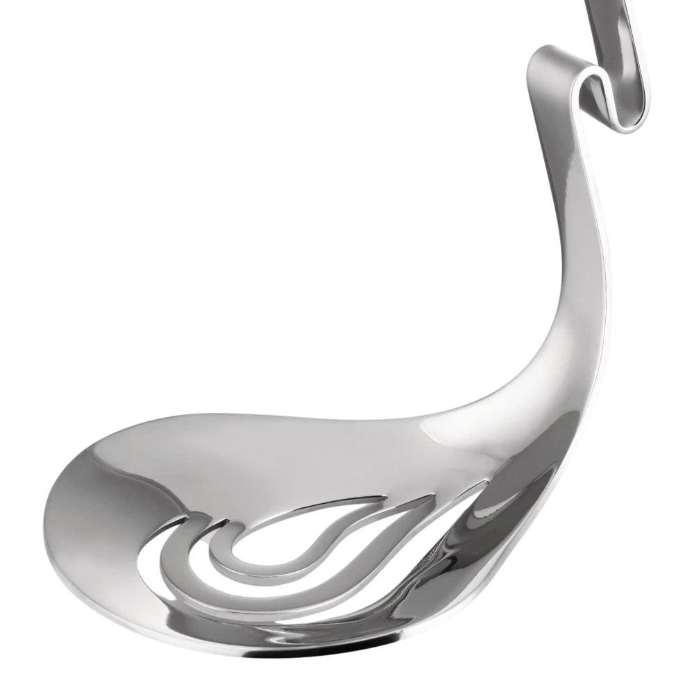 Alessi Nunziatella perforated ladle with stainless steel handle and perforated scoop for serving soups and broths.