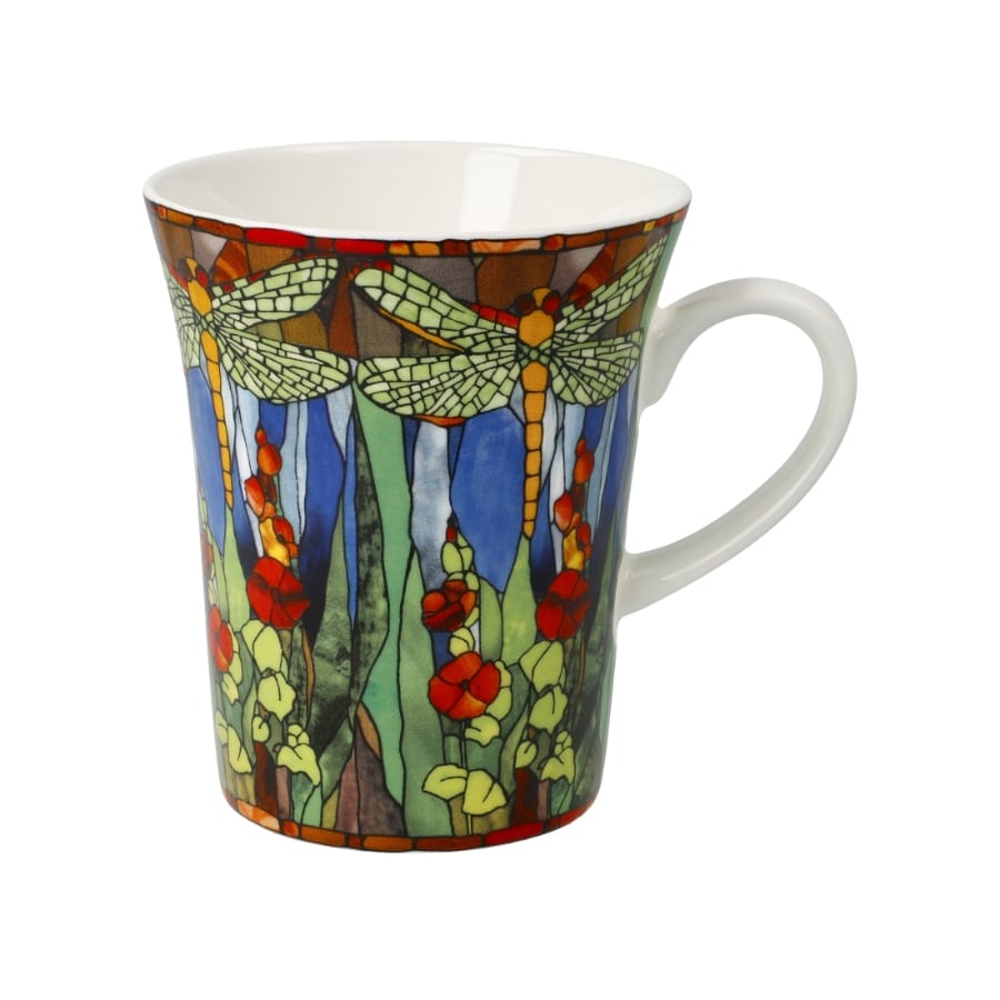 Goebel Dragonfly Tiffany mug featuring a detailed dragonfly design on a ceramic cup with vibrant colors and intricate patterns.