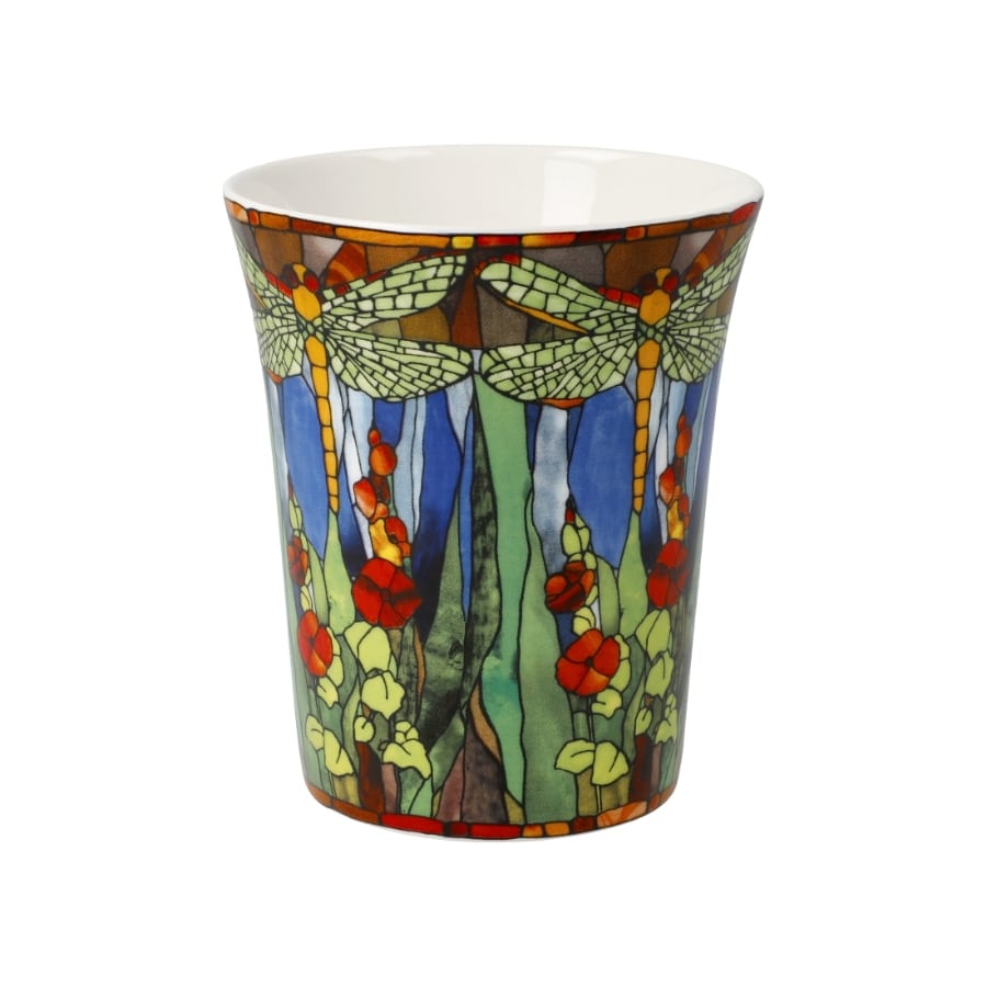 Goebel Dragonfly Tiffany mug with colorful dragonfly design and elegant glass handle on white background