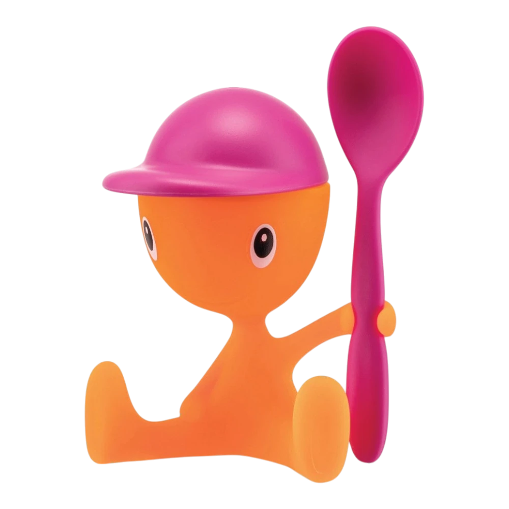 Alessi Cico pink egg cup with matching spoon, ceramic breakfast accessory with playful design and vibrant color.