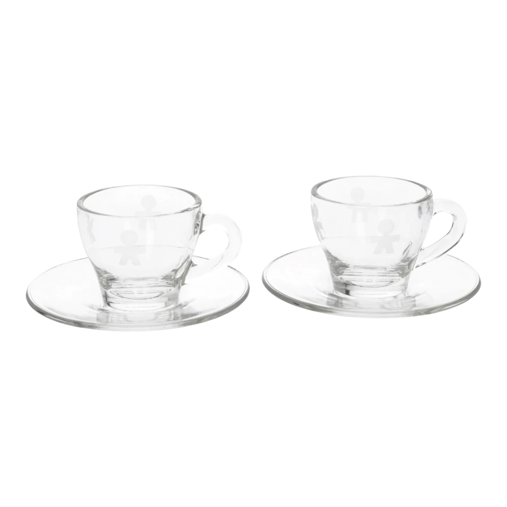 Set of two Alessi Girotondo Mocha Cups with colorful, playful handles, perfect for serving espresso or mocha drinks.