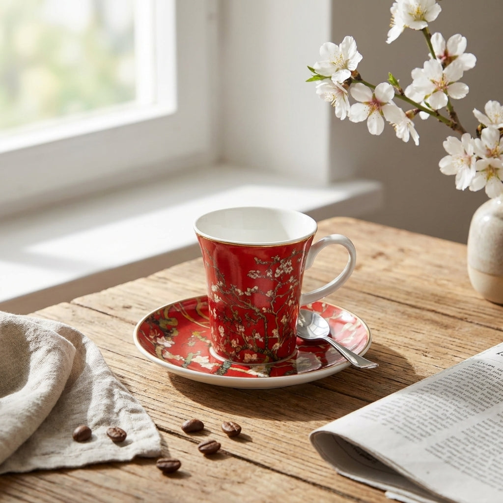 Goebel espresso cup and saucer with Almond Tree red design inspired by Van Gogh, 100ml capacity, featuring vibrant floral artwork.