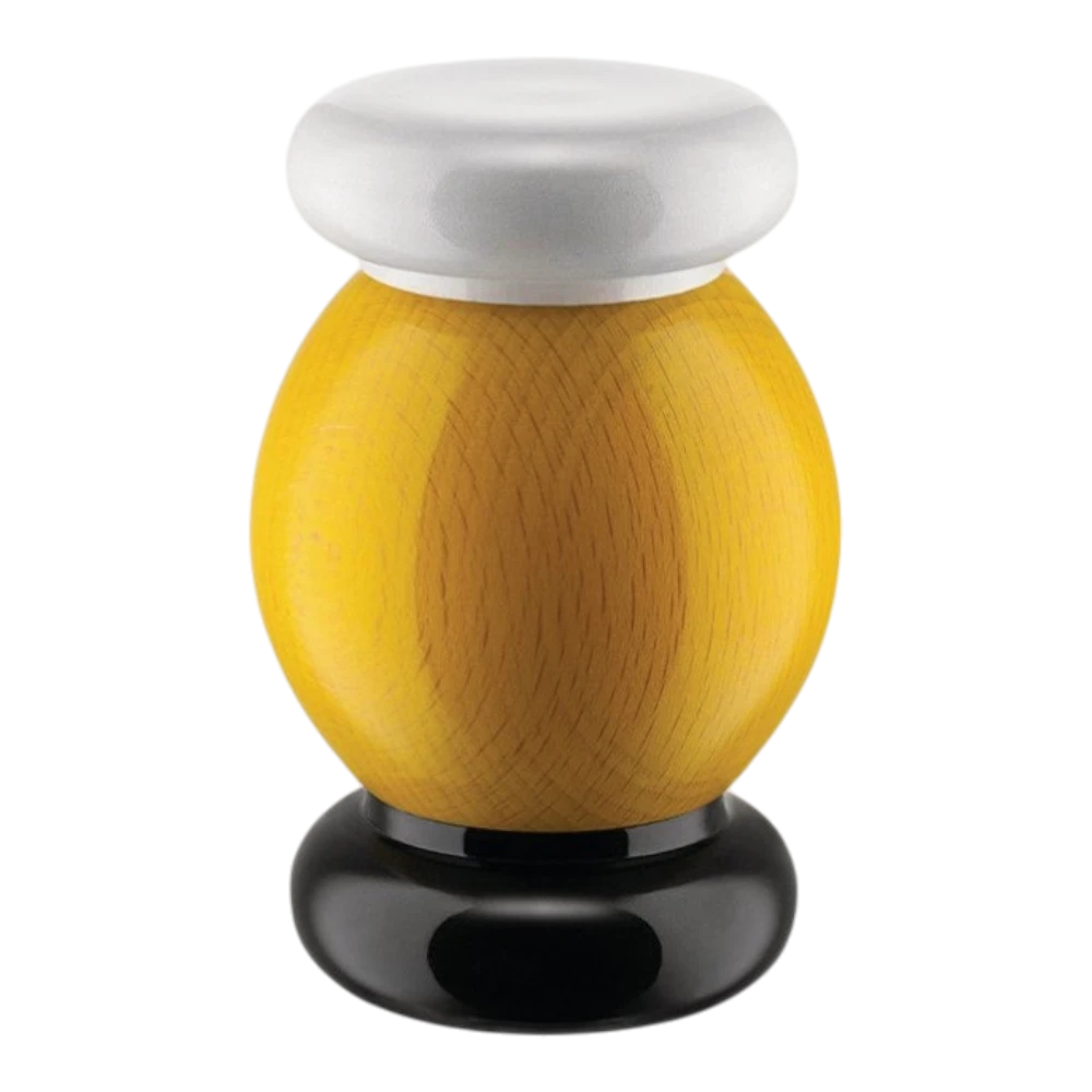 Alessi salt, pepper, and spice grinder set in yellow, black, and white with sleek modern design on a white background.