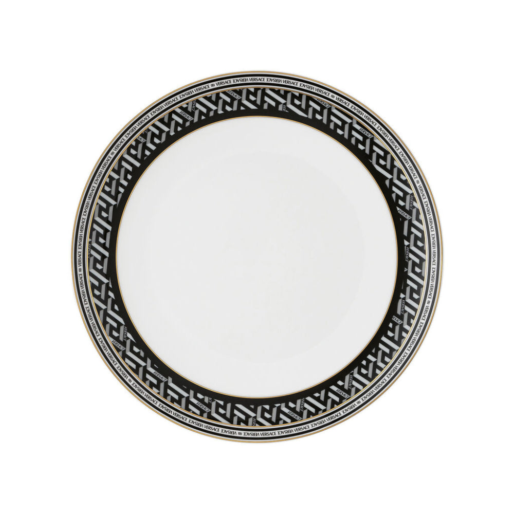 Black Versace La Greca signature plate with intricate gold pattern, 28cm diameter, showcasing luxury Italian design.