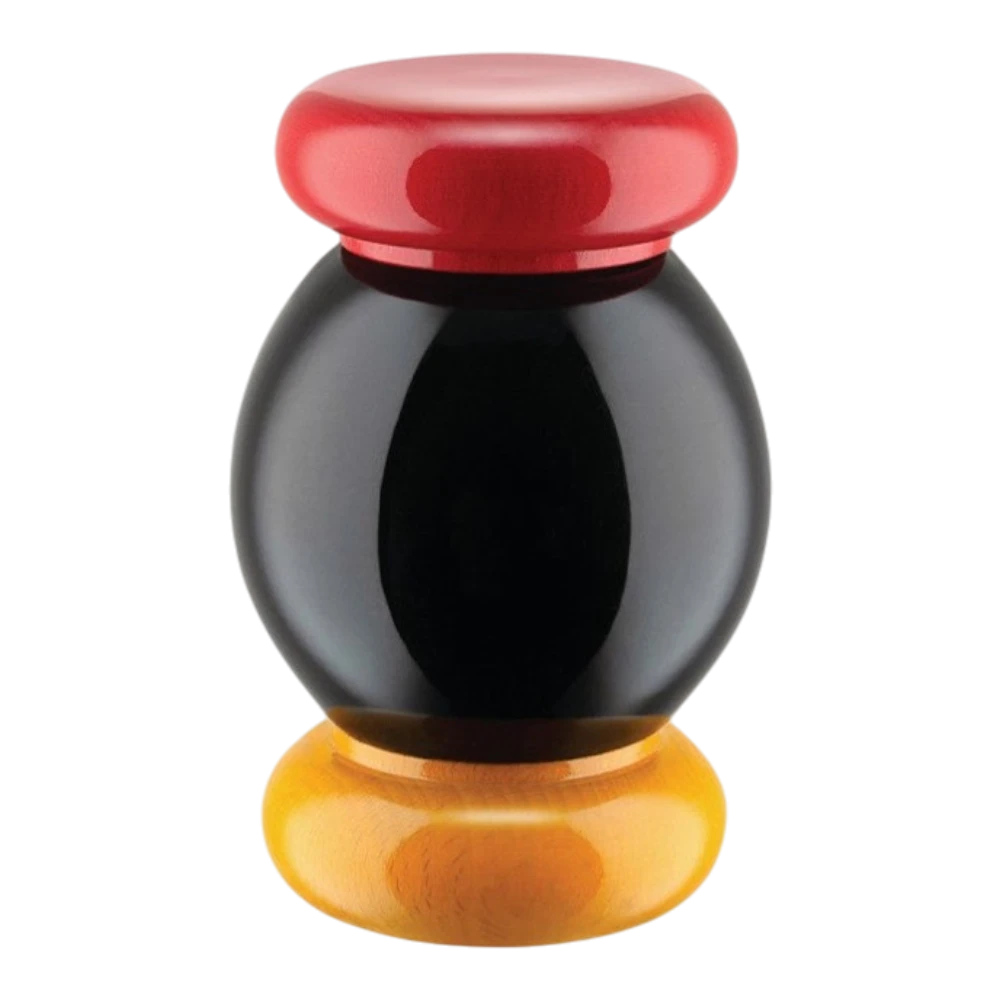 Alessi salt, pepper, and spice grinder set in red, yellow, and black with sleek modern design, showing textured grinder surfaces.