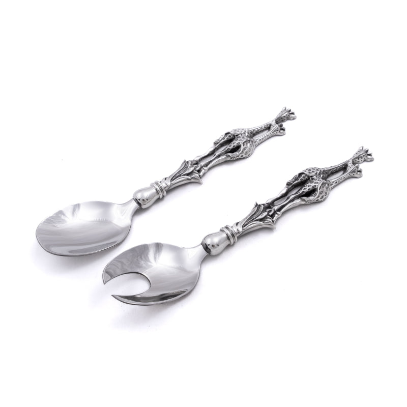 Earth Angel Giraffe Booty Salad Servers set with giraffe-shaped handles and colorful silicone tips for serving salads.