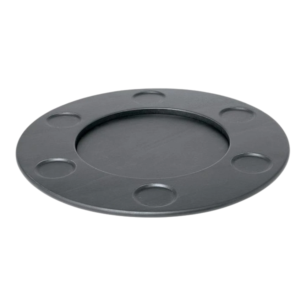 Alessi Mami wooden turning tray for fondue with a smooth, polished finish and a round shape, ideal for serving cheese or chocolate fondue.