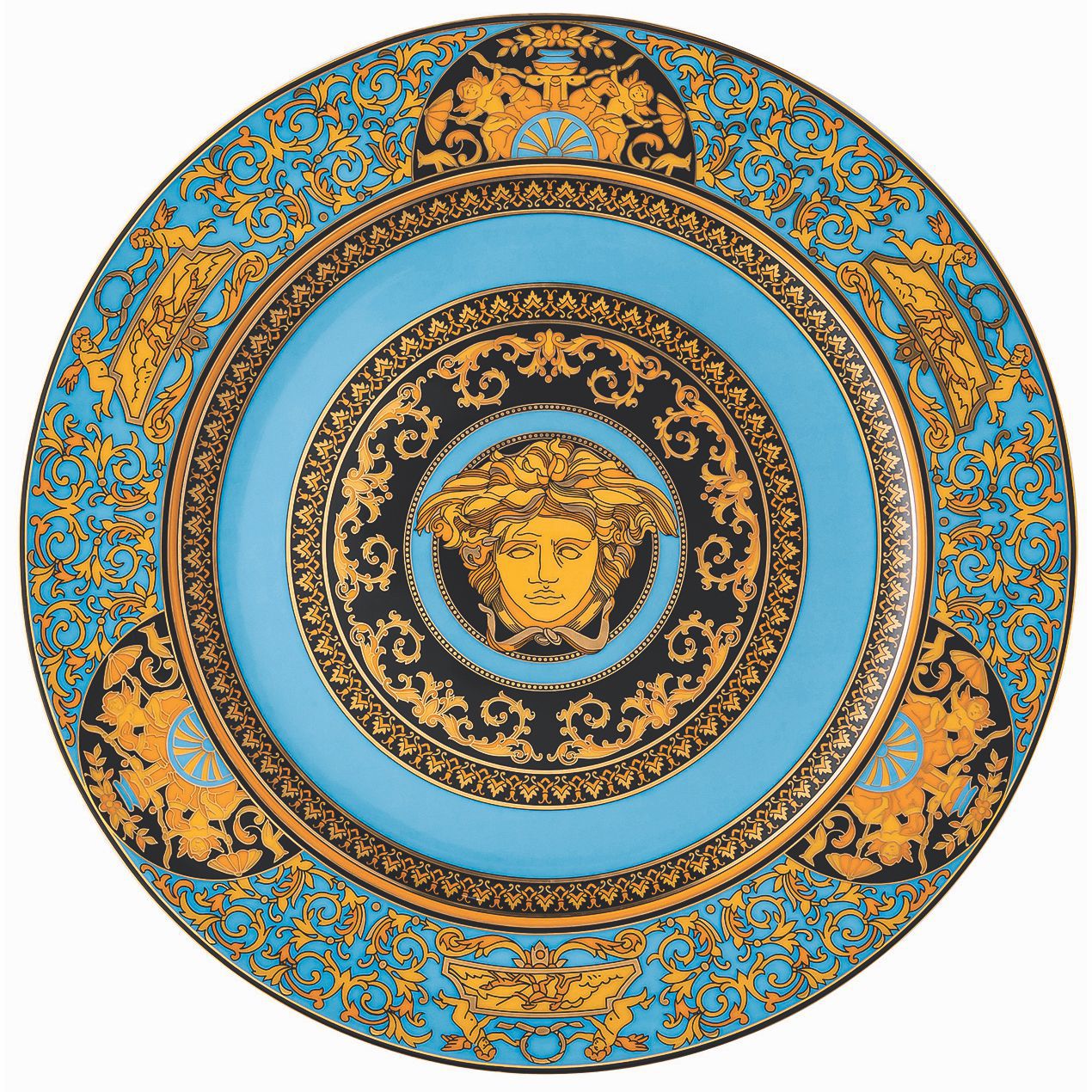 Versace Celeste 30cm service wall plate by Spilhaus featuring a vibrant blue and gold decorative design.