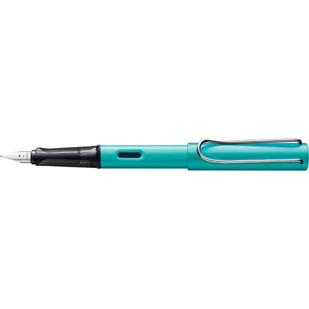 Lamy AL-star fountain pen with metallic finish and ergonomic grip, shown with its sleek design and nib visible.