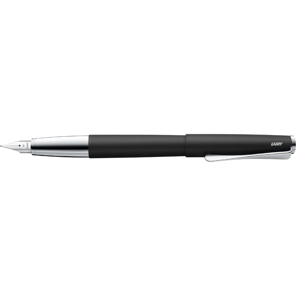 Lamy Studio fountain pen with sleek black body and silver accents, close-up shot of the writing tip and cap.