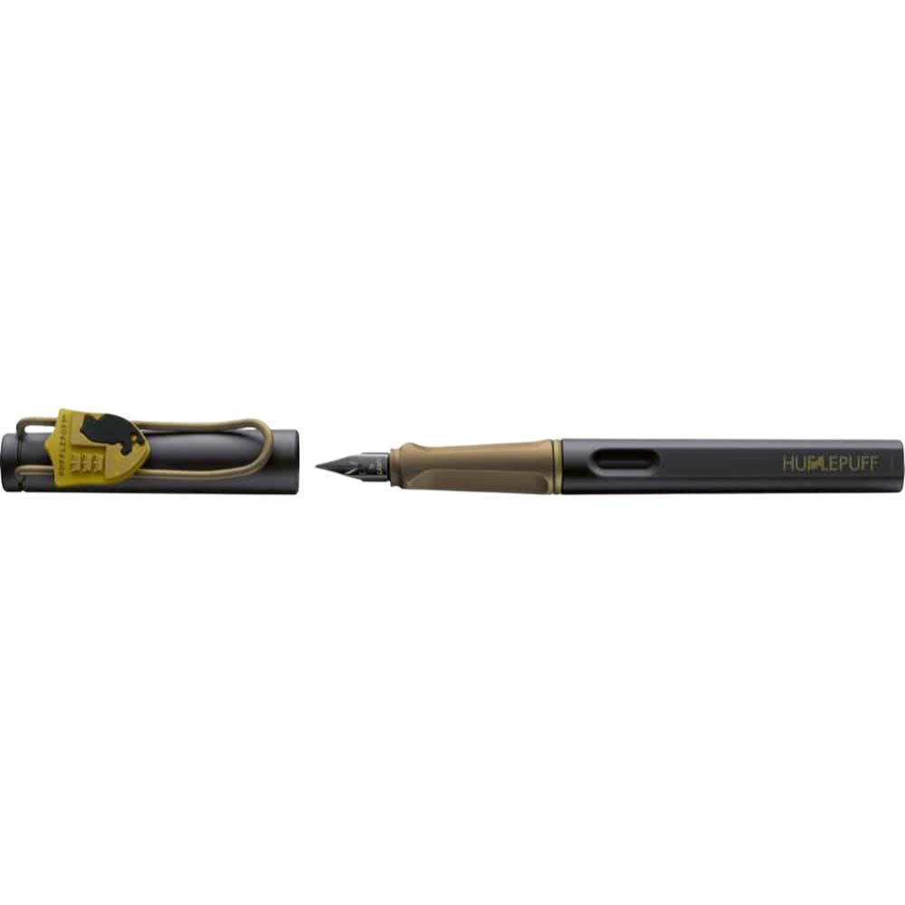 Lamy x Harry Potter Hufflepuff Safari fountain pen with yellow and black design, featuring Harry Potter and Hufflepuff details.