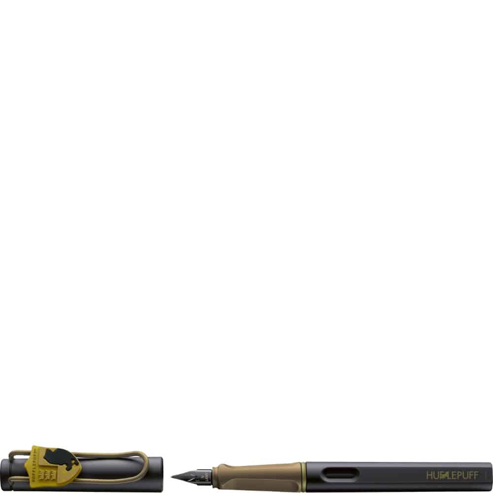 Lamy x Harry Potter Hufflepuff Safari fountain pen with yellow and black design, featuring Harry Potter themed accents and branding.