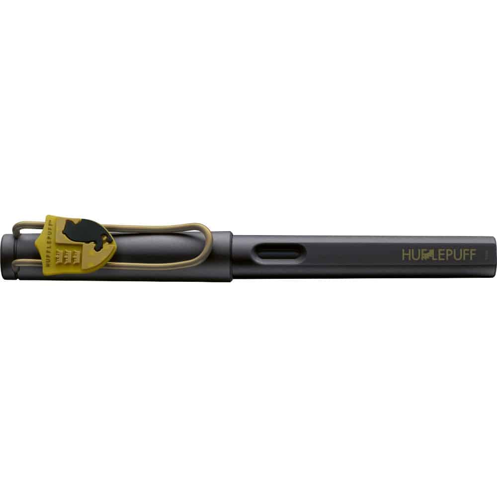 Lamy x Harry Potter Hufflepuff Safari fountain pen with yellow and black design, featuring Hufflepuff emblem and Harry Potter branding.