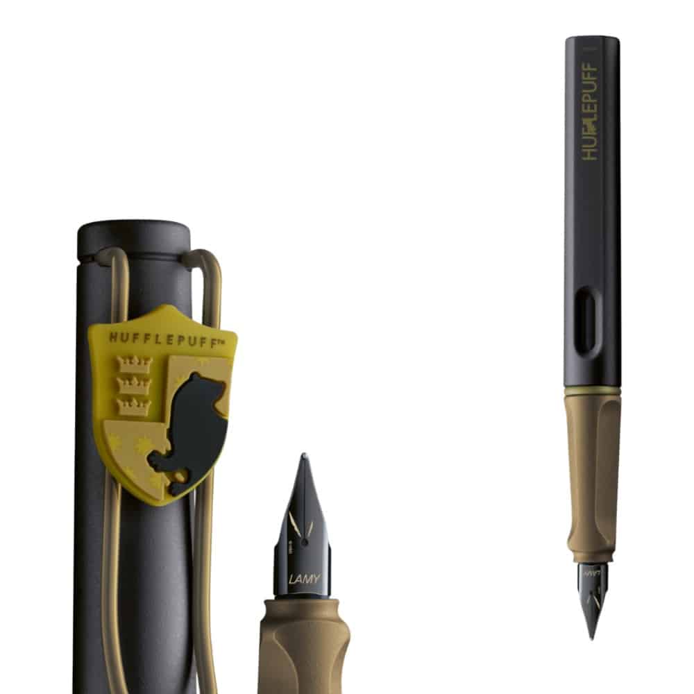 Lamy x Harry Potter Hufflepuff special edition Safari fountain pen with yellow and black design and Harry Potter-themed accents.