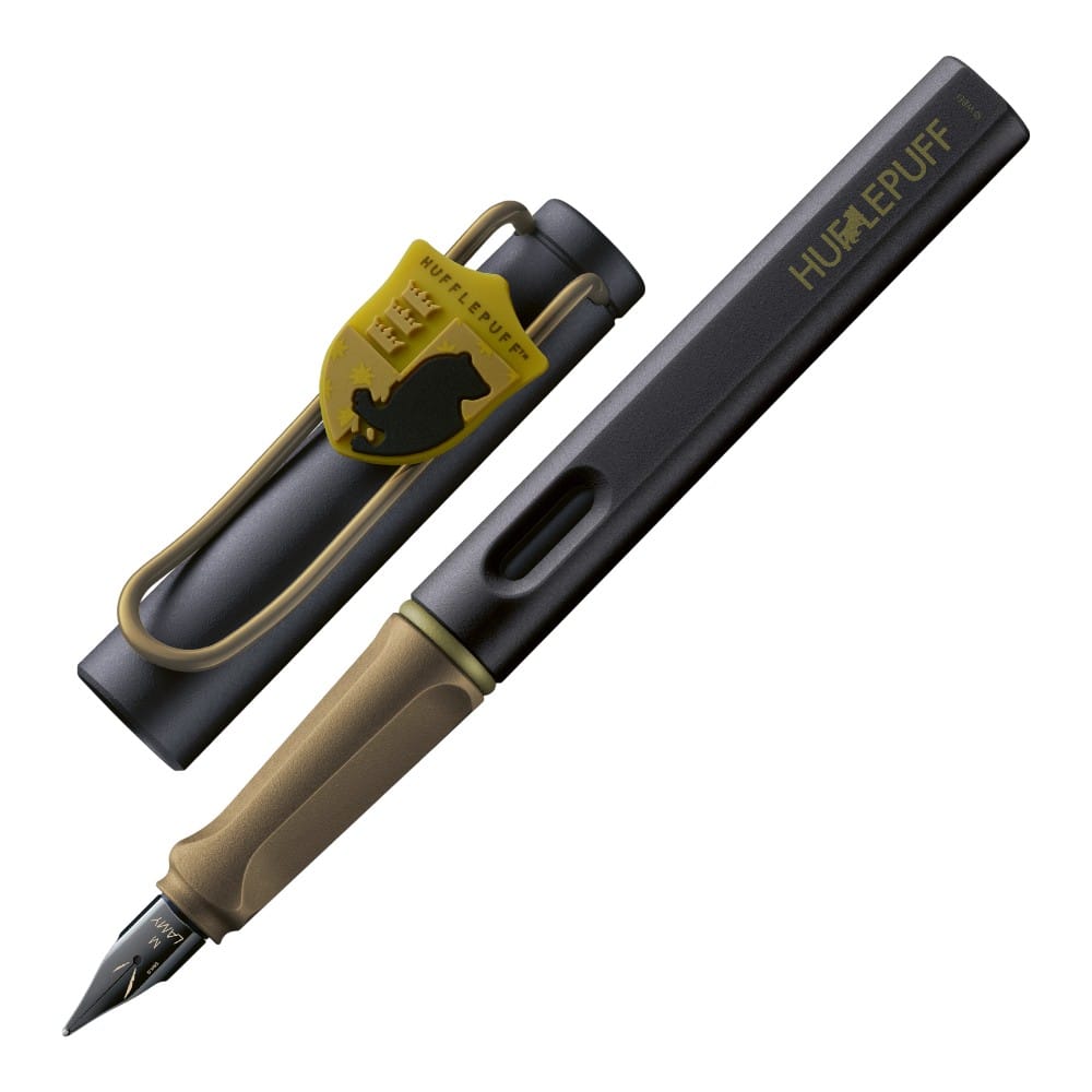 Lamy x Harry Potter Hufflepuff Safari Special Edition fountain pen with Hufflepuff crest and yellow accents on a white background