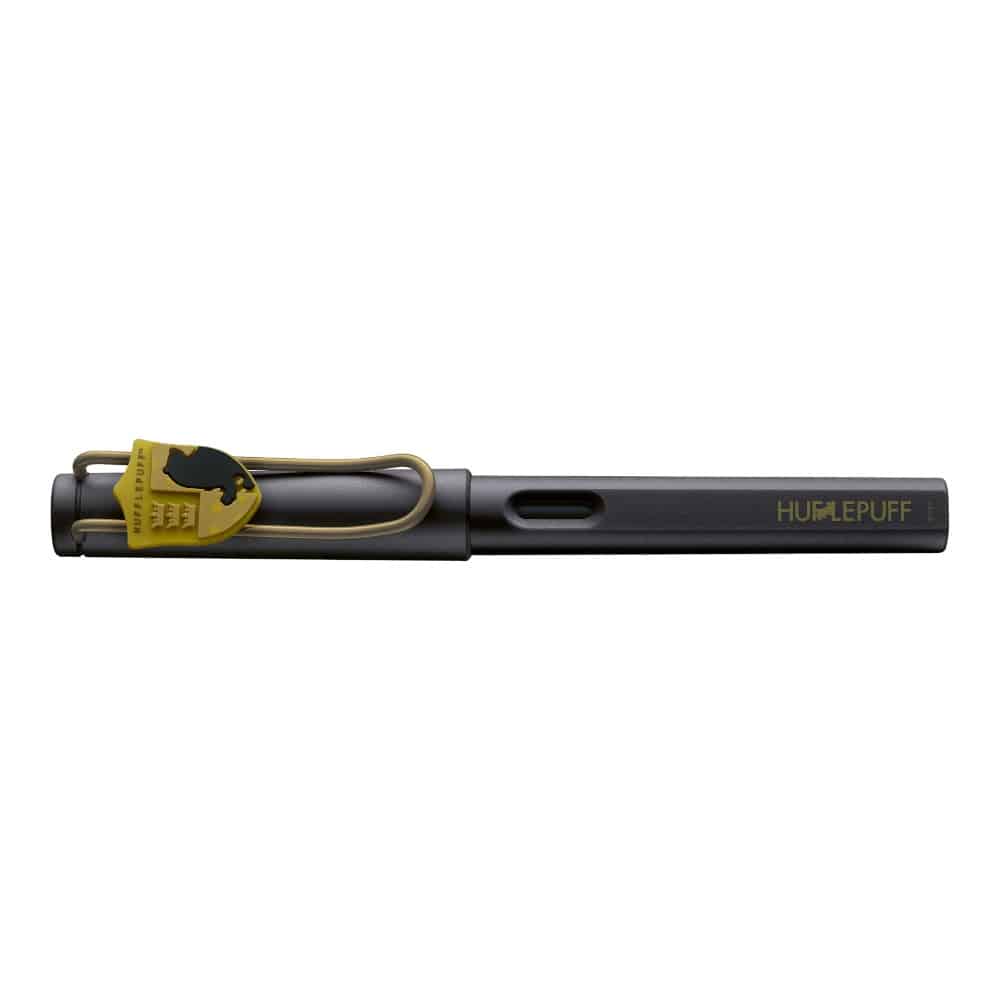Lamy x Harry Potter Hufflepuff Safari Special Edition fountain pen with black and yellow design and Hufflepuff emblem.