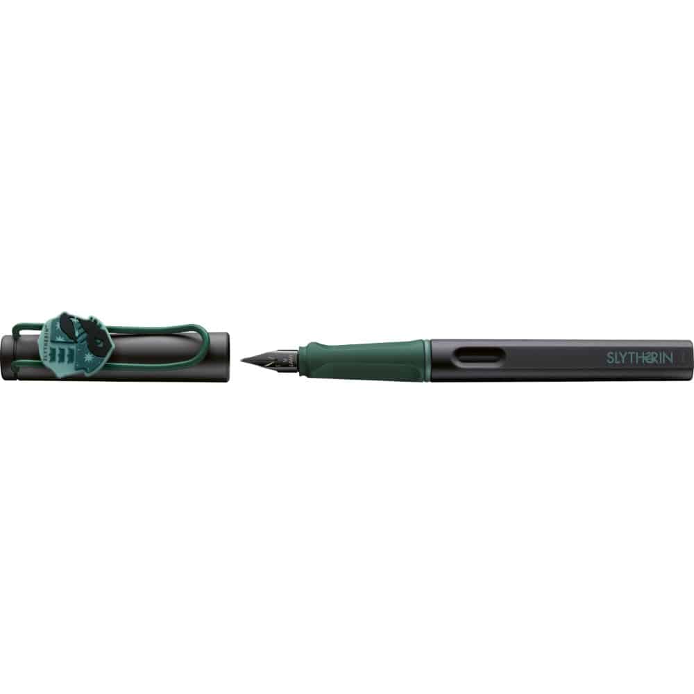 Lamy x Harry Potter Slytherin Special Edition Safari Fountain Pen with green and silver design and Slytherin emblem.