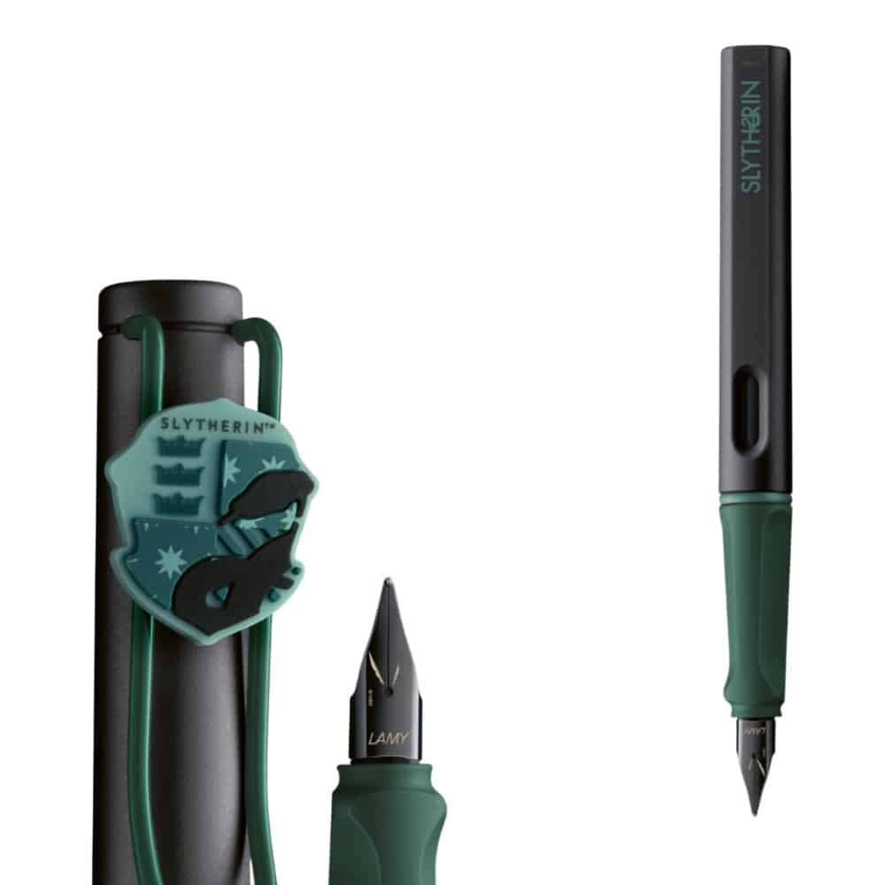Lamy x Harry Potter Slytherin Special Edition safari fountain pen with green and silver design, detailed Slytherin crest on the clip