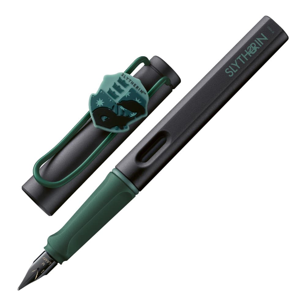 Lamy Harry Potter Slytherin special edition Safari fountain pen with green accents and Slytherin emblem on the clip.