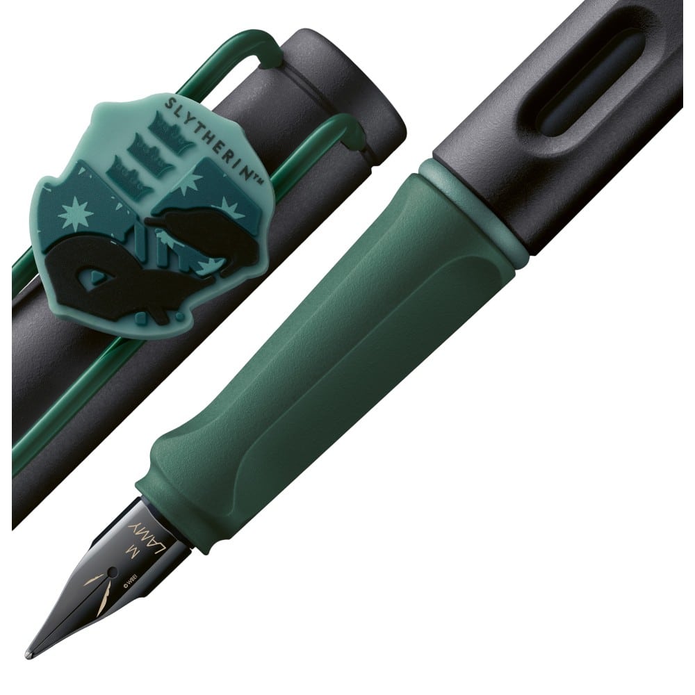 Lamy x Harry Potter Slytherin special edition fountain pen with green and silver accents, featuring Harry Potter branding.