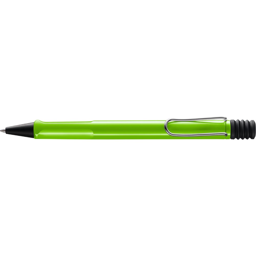 Lamy Safari ballpoint pen with blue ink and ergonomic design, featuring a sleek blue barrel and silver clip.